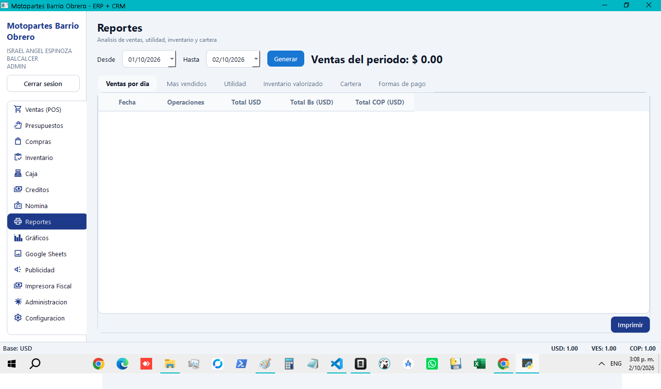 Pantalla del módulo de reportes