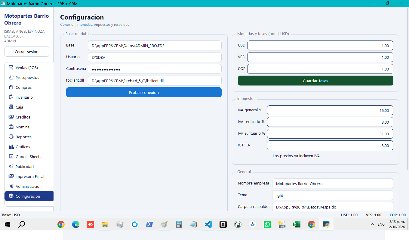Pantalla del módulo de configuración
